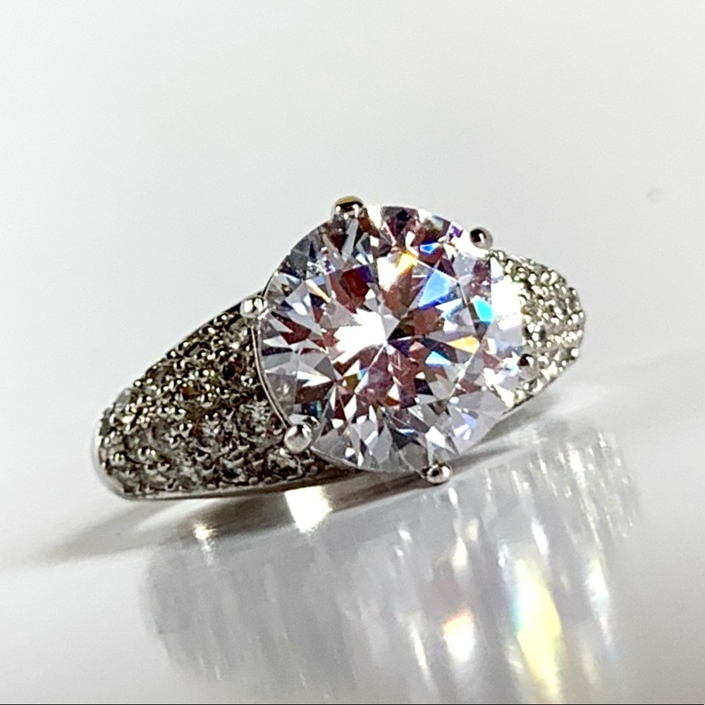 Round CZ Solitaire & Pavé 925 Sterling Silver Ring Sz 7.25 Signed PAJ